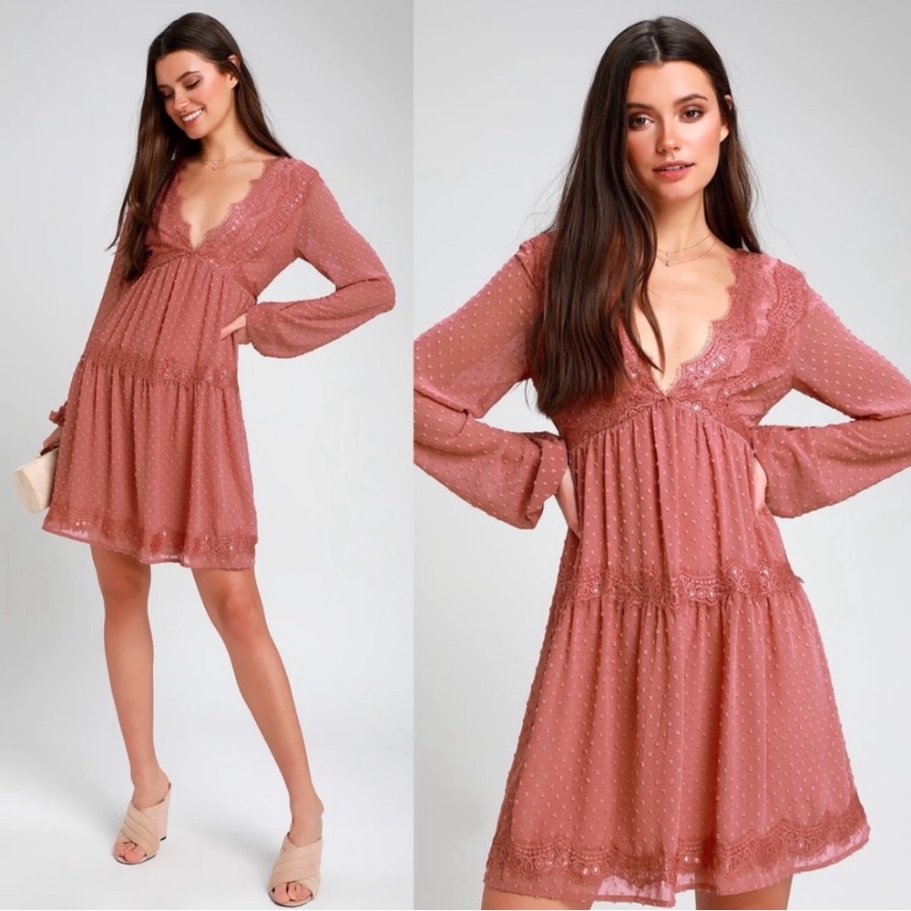Lulus NWT Wistful Moment Rusty Rose Swiss Dot Long Sleeve Dress